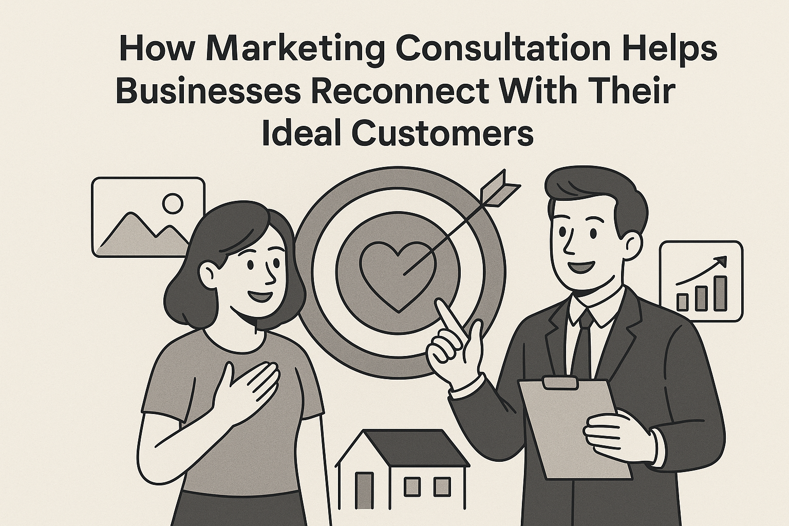 A flat-style digital illustration showing a male marketing consultant holding a clipboard and speaking with a female business owner. Behind them is a large target with a heart in the center and an arrow hitting the bullseye, symbolizing reconnecting with ideal customers. Additional icons include a house, a growth chart, and a landscape image, all set against a neutral beige background. The text above reads, “How Marketing Consultation Helps Businesses Reconnect With Their Ideal Customers.