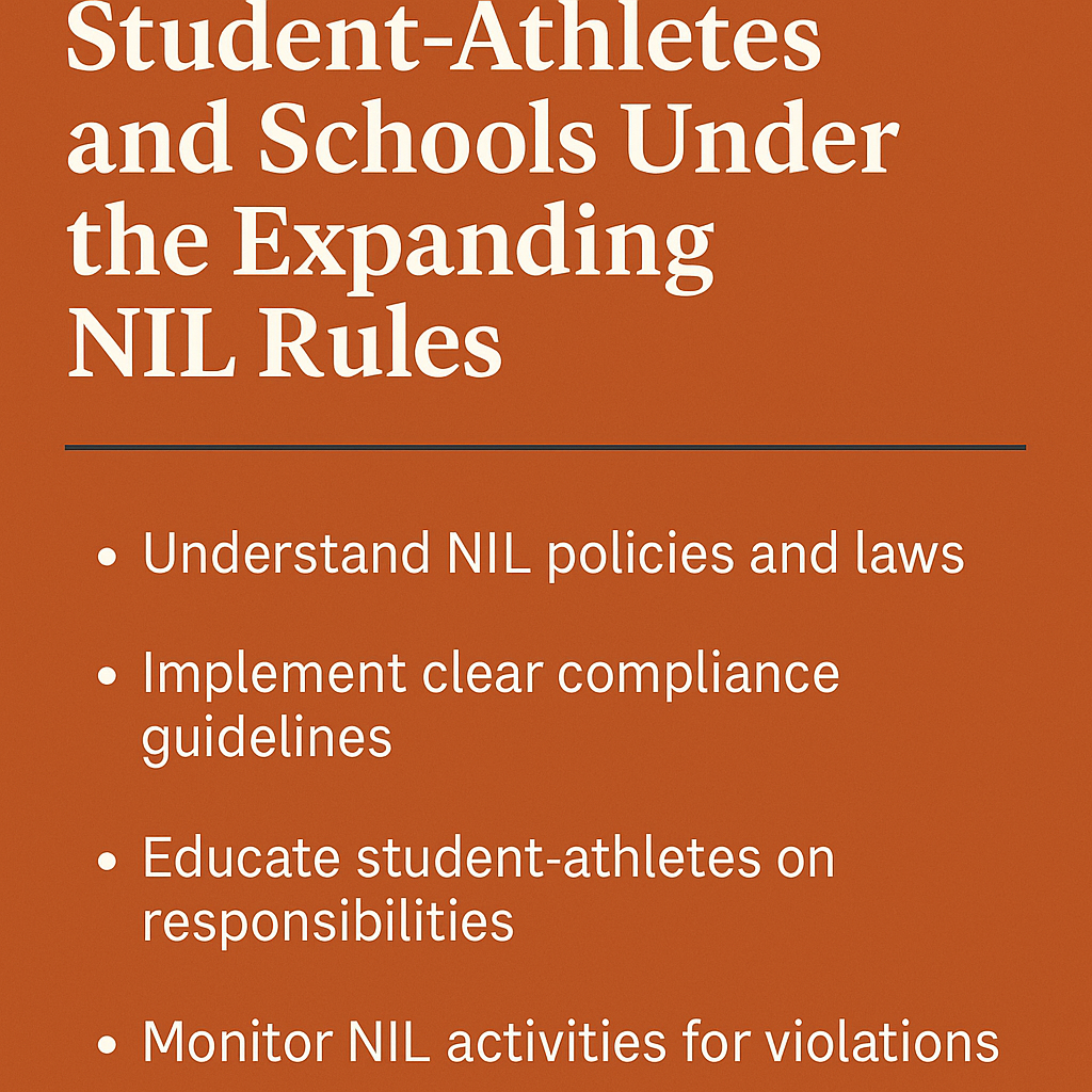 How to Protect Student-Athletes and Schools Under the Expanding NIL Rules’ on a burnt orange background with white and navy text, listing four bullet points: understand NIL policies and laws, implement clear compliance guidelines, educate student-athletes on responsibilities, and monitor NIL activities for violations.