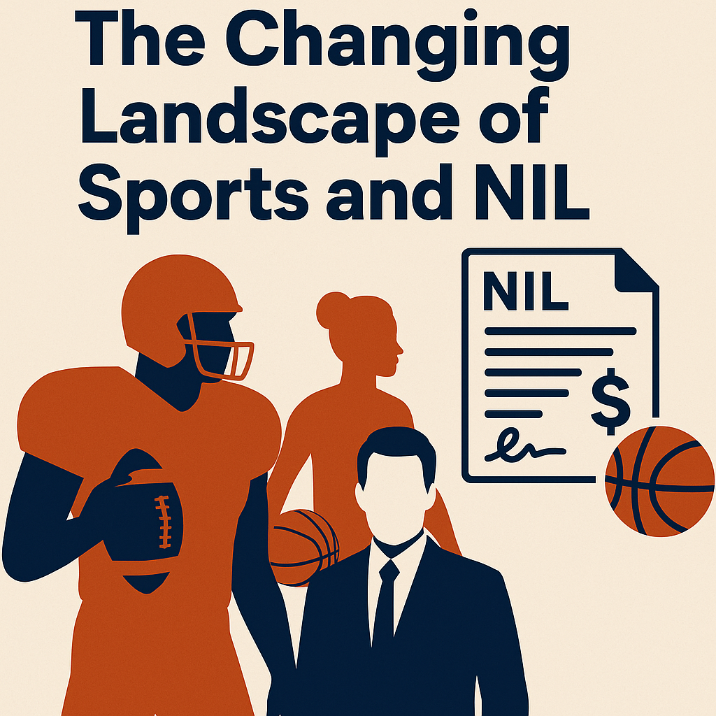 The Changing Landscape of Sports and NIL.” It features a football player holding a ball, a basketball player silhouette, a man in a suit representing consulting or compliance, and a document labeled “NIL” with a dollar sign and a basketball beside it, symbolizing athlete compensation and regulation.