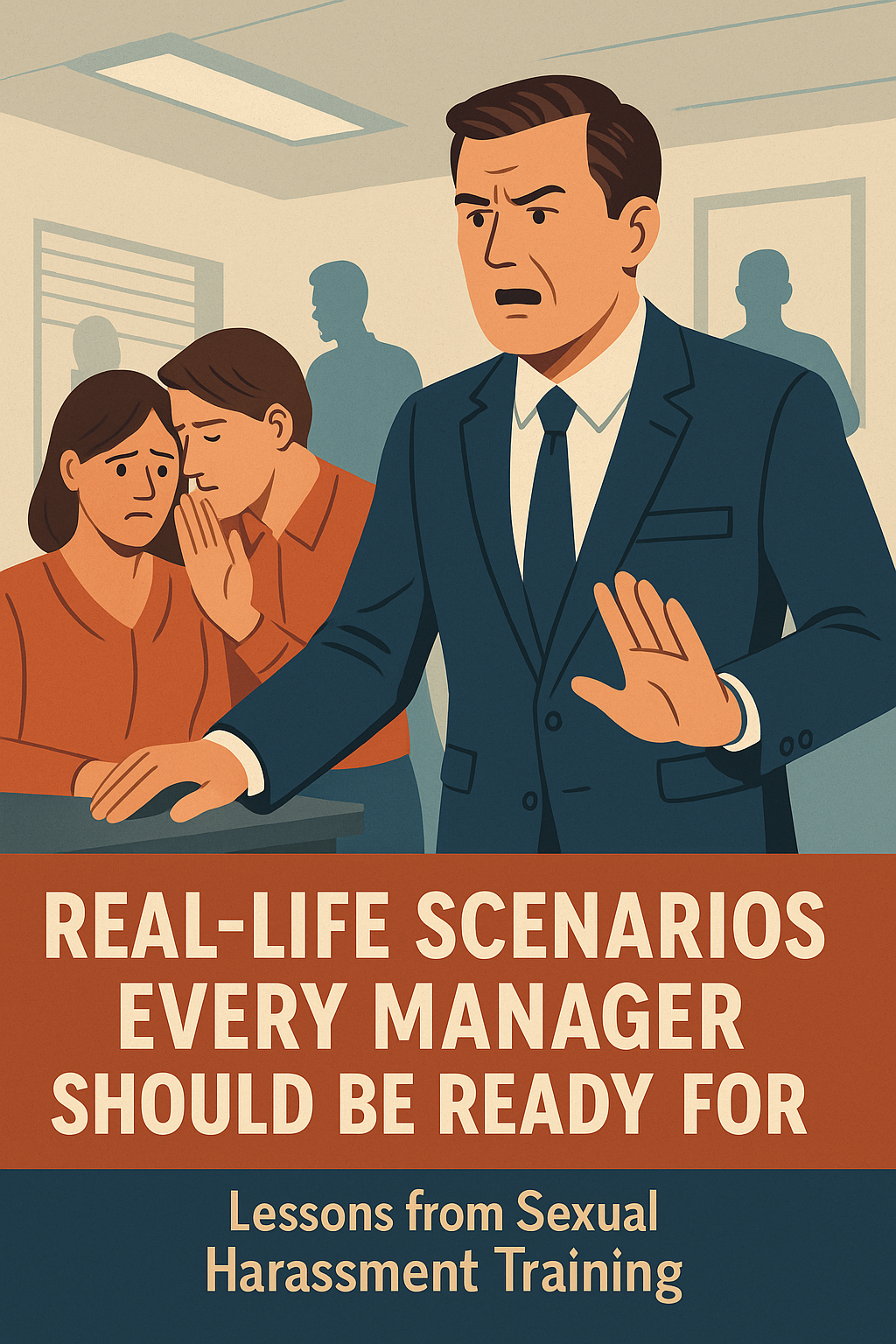 Real-Life Scenarios Every Manager Should Be Ready For — Lessons from Sexual Harassment Training.” The image conveys urgency, leadership, and workplace accountability.
