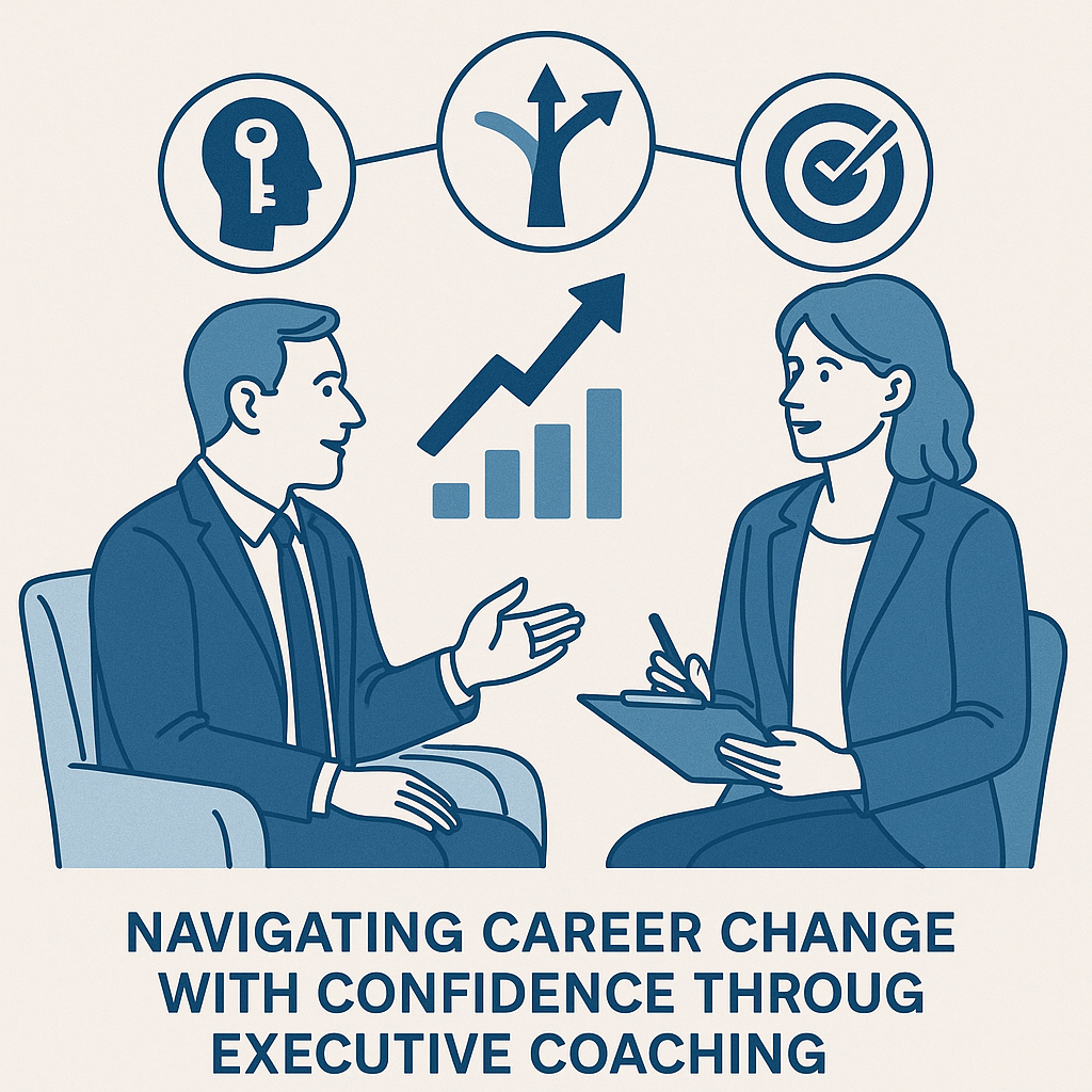 Illustration of an executive coaching session where a male professional and a female coach sit facing each other in conversation. Above them are icons representing insight, career direction, and goal achievement, along with an upward graph symbolizing growth. The caption reads ‘Navigating Career Change with Confidence Through Executive Coaching,’ using blue tones to convey professionalism and trust.