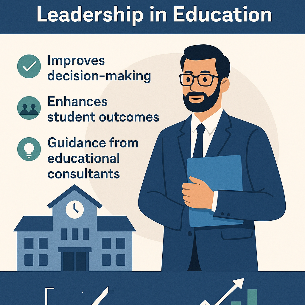 featuring a confident male administrator in a navy suit holding a blue folder. To the left, bullet points with icons highlight key benefits: improves decision-making, enhances student outcomes, and guidance from educational consultants. At the bottom, a school building with a clock tower and an upward-trending graph symbolize growth and success.