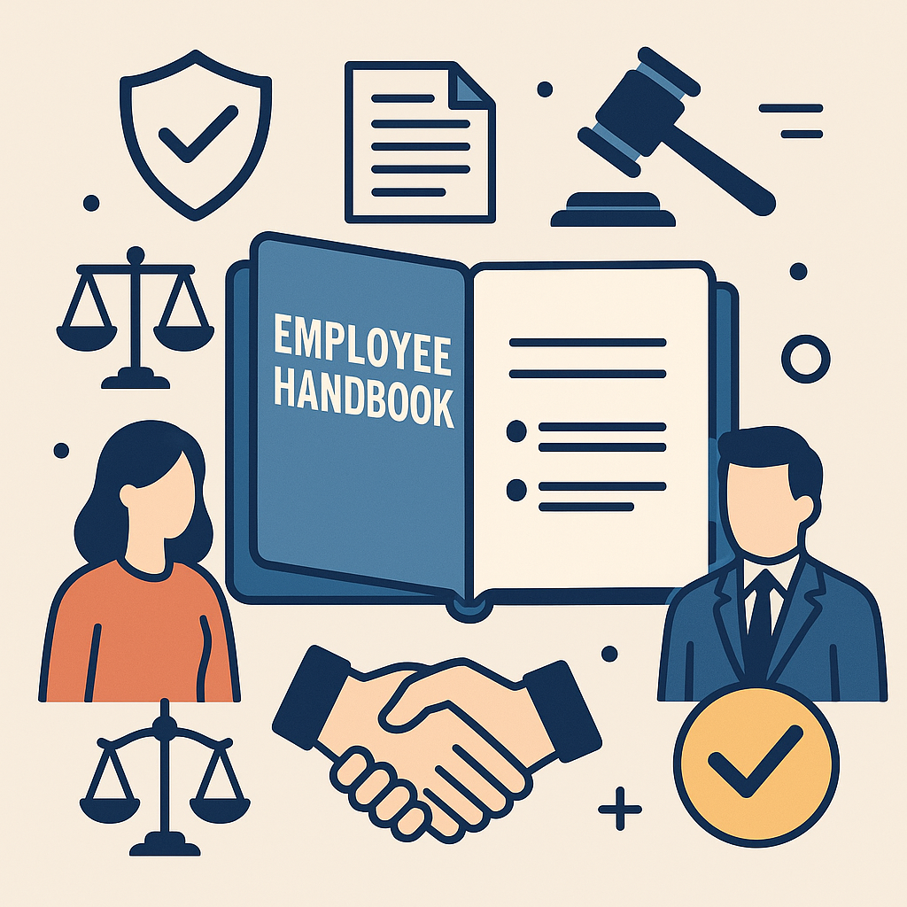 Flat-style digital illustration featuring an open employee handbook at the center, surrounded by icons including scales of justice, a shield with a checkmark, a gavel, a document, and a large handshake symbol. Two simplified human figures, one male in a suit and one female in casual attire, emphasize trust and compliance. The color palette uses blue, orange-yellow, and white to convey professionalism and reliability.