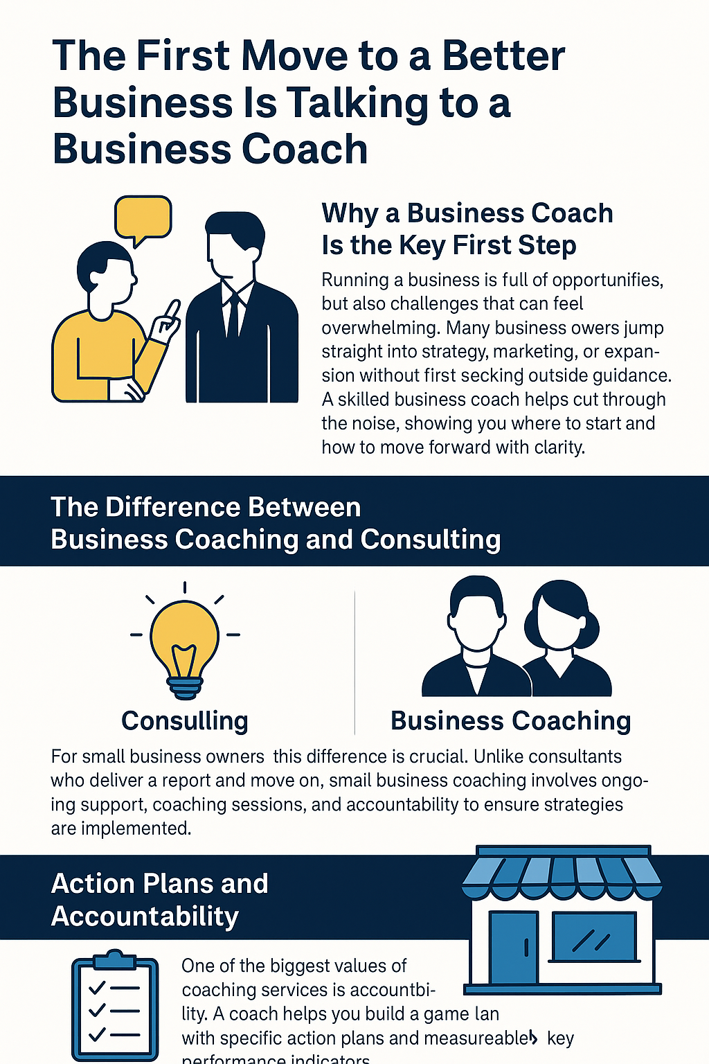 The First Move to a Better Business Is Talking to a Business Coach.' It explains why a business coach is the key first step, highlighting structure, accountability, and clarity. A section contrasts consulting, shown with a lightbulb icon, against business coaching with mentor icons. Another section emphasizes action plans and accountability with a checklist and storefront illustration.