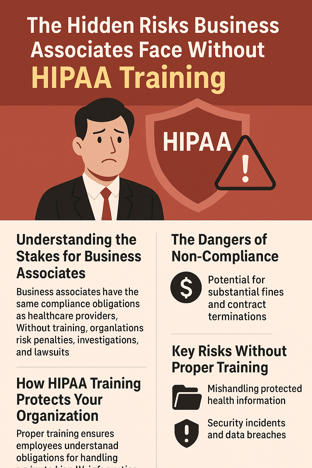 The Hidden Risks Business Associates Face Without HIPAA Training.' It features a worried businessman next to a red shield with the word HIPAA and a warning icon. Sections explain compliance stakes, dangers of non-compliance such as fines and contract terminations, and key risks like mishandling protected health information and data breaches. Icons of a dollar sign, file folder, and shield emphasize the risks.