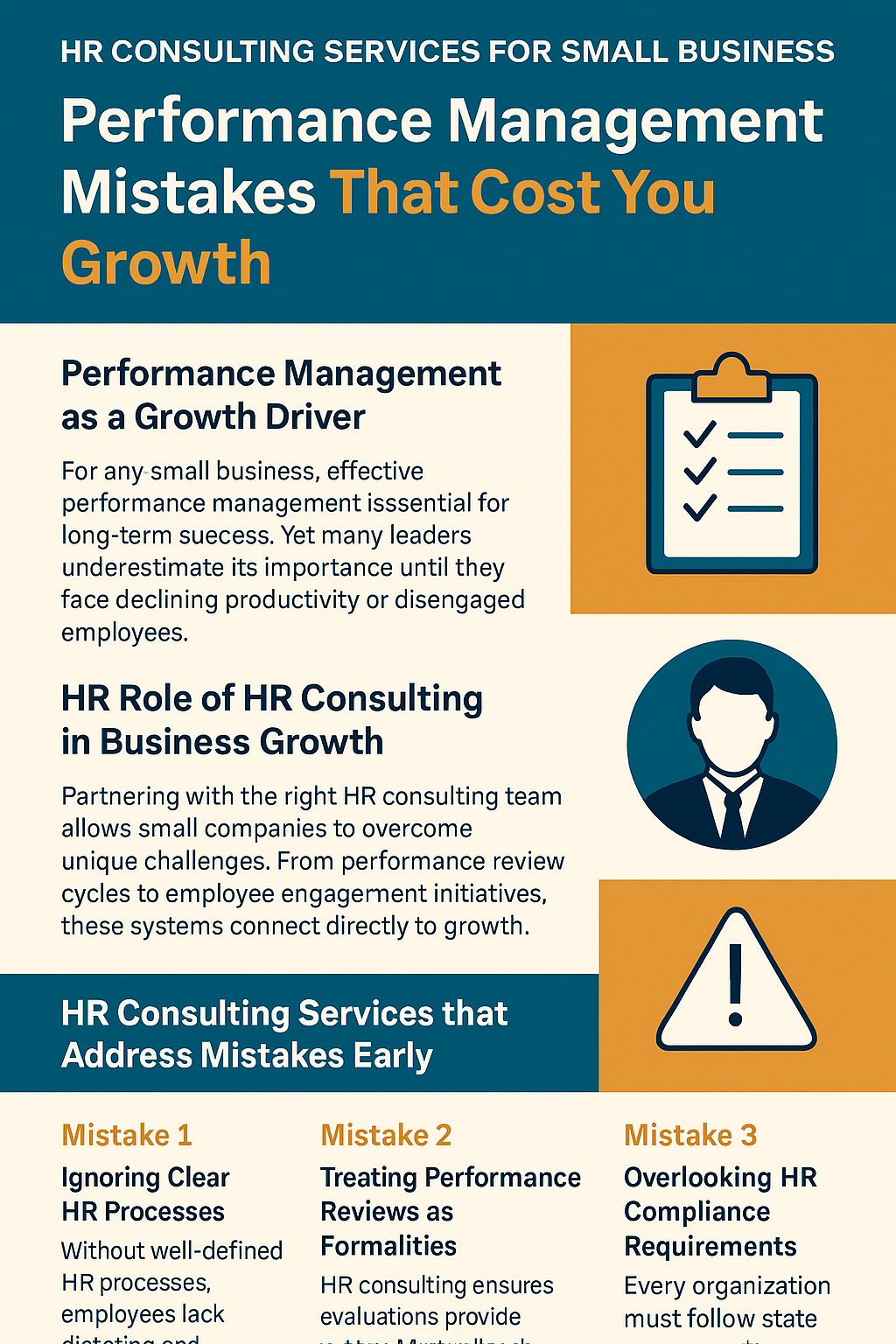 HR Consulting Services for Small Business: Performance Management Mistakes That Cost You Growth.” The design uses teal, orange, navy blue, and white. The top section explains performance management as a growth driver and highlights HR consulting’s role in business growth. Icons include a checklist clipboard, a person in a suit, and a warning triangle. The bottom section lists mistakes: (1) Ignoring clear HR processes, (2) Treating performance reviews as formalities, and (3) Overlooking HR compliance requirements. The layout emphasizes common pitfalls and the value of HR consulting services in addressing them early.