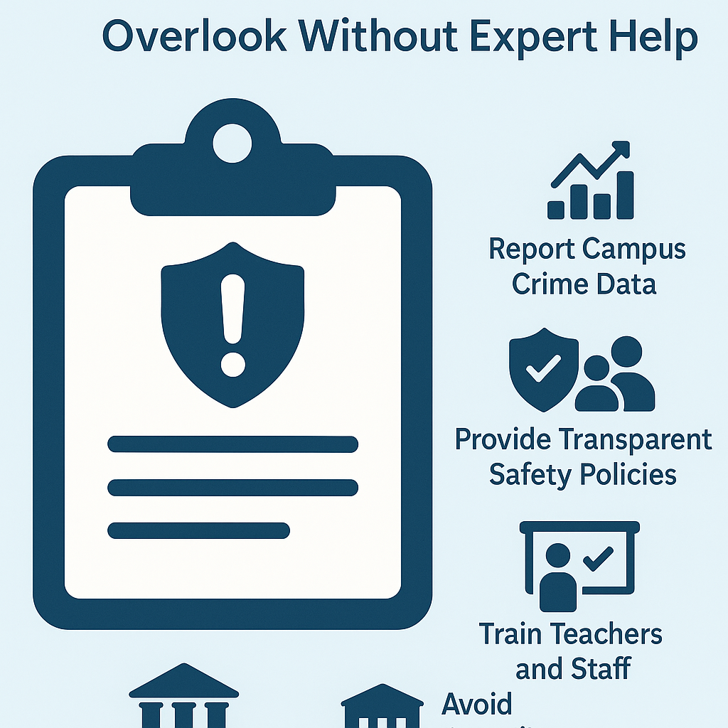 Infographic about the Clery Act compliance. A large clipboard with a shield and exclamation mark icon is shown on the left. On the right, four blue icons with text highlight key compliance actions: a bar chart for ‘Report Campus Crime Data,’ a shield with people for ‘Provide Transparent Safety Policies,’ a training board for ‘Train Teachers and Staff,’ and government buildings for ‘Avoid Compliance Violations.’ The design uses a clean blue color scheme over a light background for a professional, educational look.