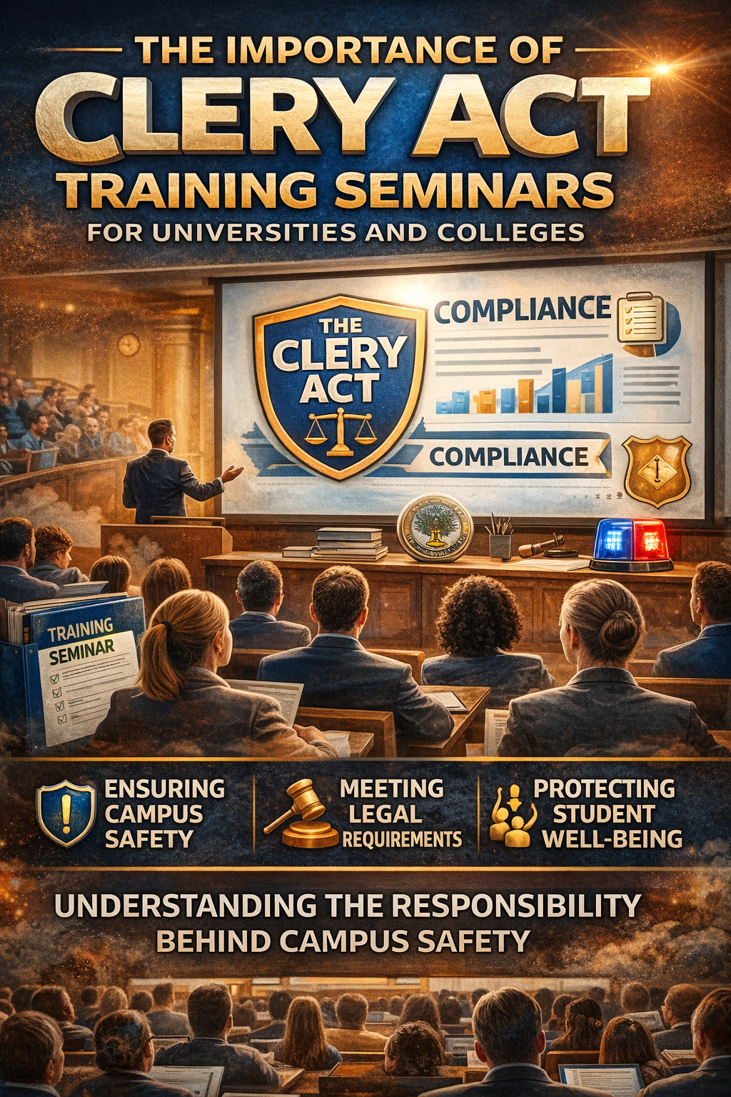Clery Act training seminar graphic for universities and colleges, showing a lecturer presenting campus safety compliance information to staff in a classroom, with visuals of legal requirements, data reporting, and icons representing campus safety, student protection, and regulatory compliance.