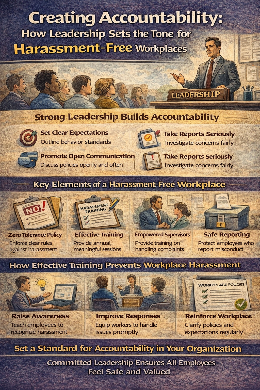 Creating Accountability: How Leadership Sets the Tone for Harassment-Free Workplaces.” It shows a leader speaking at a podium to a diverse group of employees, emphasizing leadership influence on workplace culture.
The graphic highlights key leadership actions such as setting clear expectations, promoting open communication, and taking reports seriously. Additional sections outline essential elements of a harassment-free workplace, including zero-tolerance policies, effective training programs, empowered supervisors, and safe reporting systems.
A final section explains how training prevents harassment by raising awareness, improving responses, and reinforcing workplace policies. The overall message emphasizes that strong leadership and accountability create a safe, respectful environment for all employees.