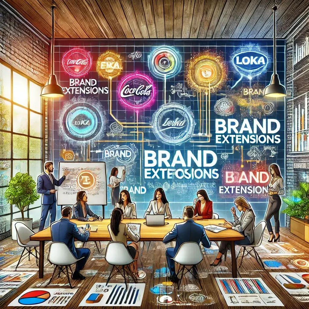 A marketing team in a modern office collaborating on a multi-branding and brand extension strategy. The digital board displays interconnected brand logos, while team members brainstorm and analyze data, creating a dynamic and strategic environment.