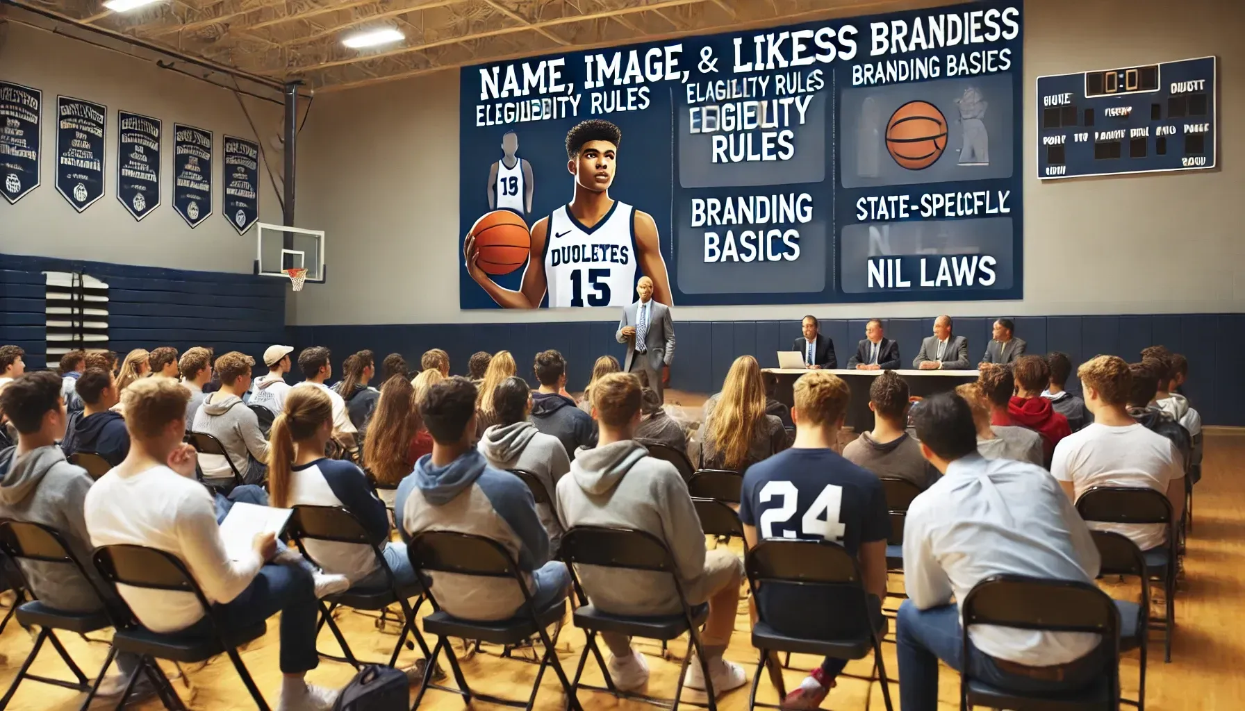 A high school seminar where student athletes, parents, and coaches learn about Name, Image, and Likeness (NIL) rights and branding. A speaker presents on eligibility rules, branding basics, and state-specific NIL laws, emphasizing the value of early NIL education for future college athletes.