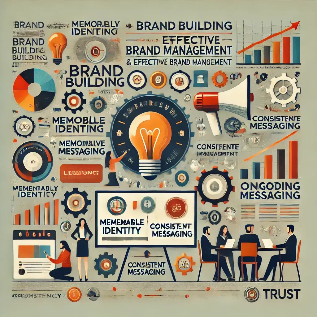 An illustration featuring a cohesive brand identity board with logos, color palettes, and taglines, accompanied by metrics for consistency and client engagement. Surrounding icons include a lightbulb for memorable identity, a megaphone for consistent messaging, and a gear for ongoing refinement. A team collaborates in the background, with upward-trending charts and digital platforms showcasing the brand's reach and success.
