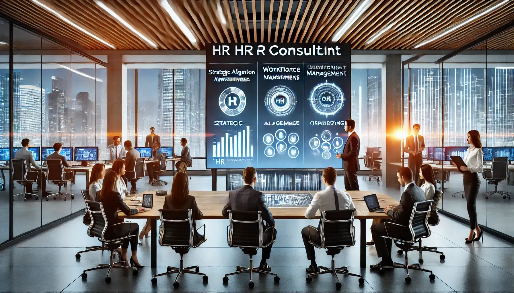 A modern office setting where HR consultants collaborate with organizational leaders to enhance HR frameworks. One consultant presents strategic alignment plans on a large screen, while another facilitates a discussion on workforce management. A group works collaboratively on optimizing HR operations, highlighting the role of HR consulting in fostering growth and efficiency.
