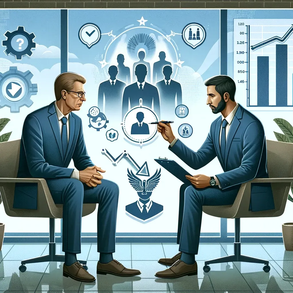 Illustration showcasing the impact of executive leadership coaching, featuring a senior leader engaging in a coaching session with a professional coach in a modern office. The coach provides feedback and strategies, while the leader takes notes. Surrounding elements include icons for leadership development, strategic change, and feedback, with a graph showing improvements in team performance and organizational goals in the background.