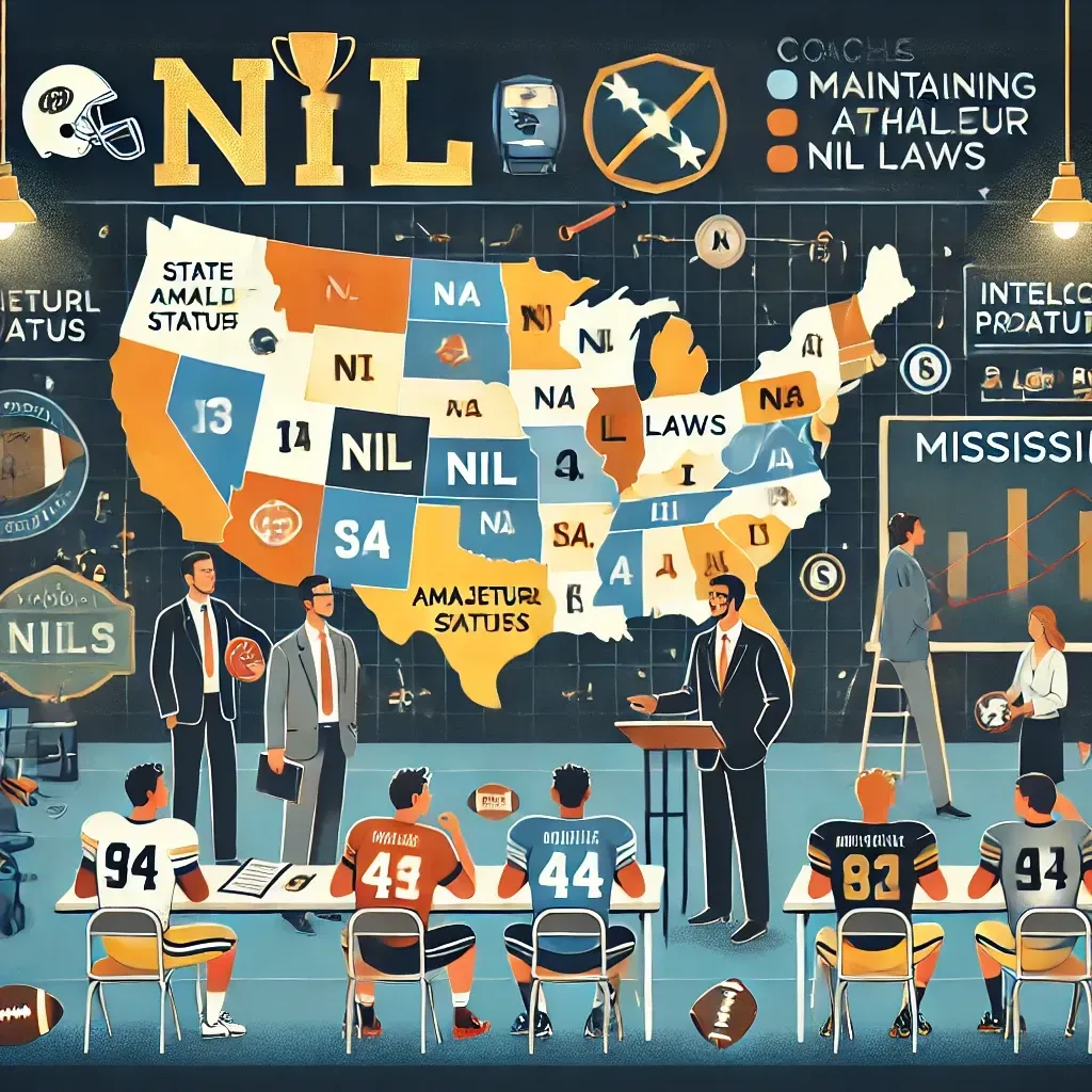 An illustration showing the impact of NIL laws on schools and athletes, featuring a map with highlighted state-specific NIL laws, including Mississippi. Coaches and administrators guide athletes on compliance, maintaining amateur status, and managing intellectual property. Icons for NIL collectives, school logos, and a chalkboard with guidelines emphasize education and collaboration in a school setting.