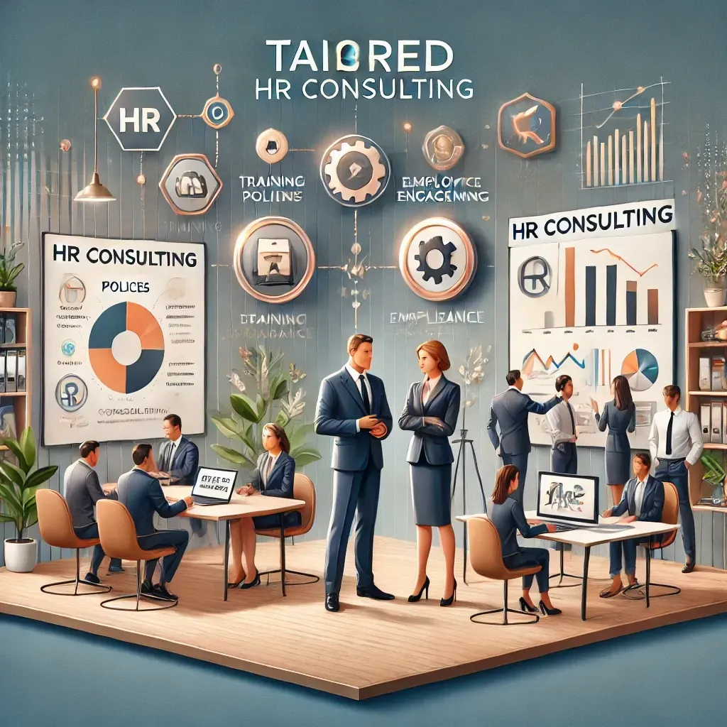 A professional and inviting image highlighting tailored HR consulting solutions for businesses of all sizes. The design features two scenarios: a small business owner consulting with an HR expert in a cozy office, and a team of HR consultants collaborating in a high-tech corporate boardroom. Key visuals include a whiteboard with HR policies, charts showcasing employee engagement, and a laptop displaying compliance tools. Integrated icons represent training, compliance, and strategic planning, while the background includes subtle growth metrics, symbolizing versatility, expertise, and collaborative success.