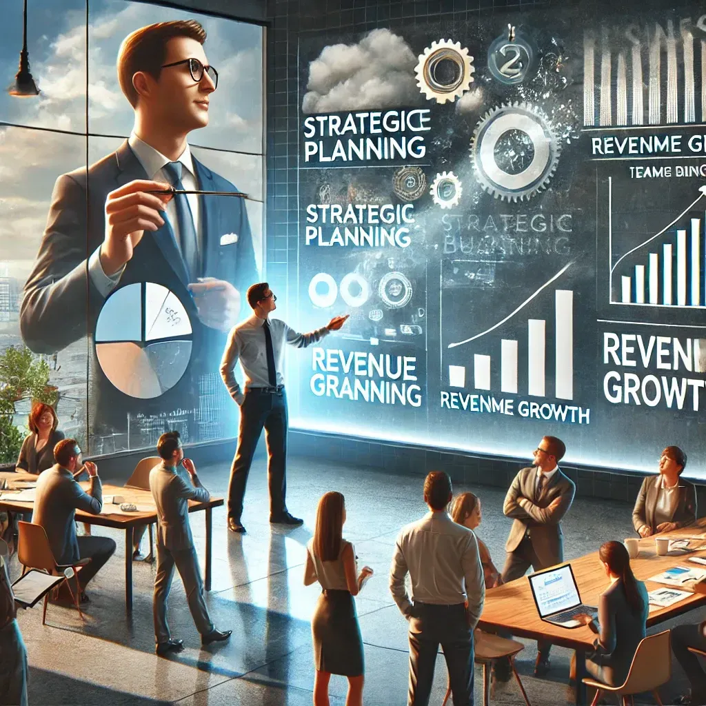 An image depicting the transformative impact of a business coach on business growth. A professional business coach presents a strategic plan to a group of entrepreneurs in a modern office setting. The presentation screen highlights terms like