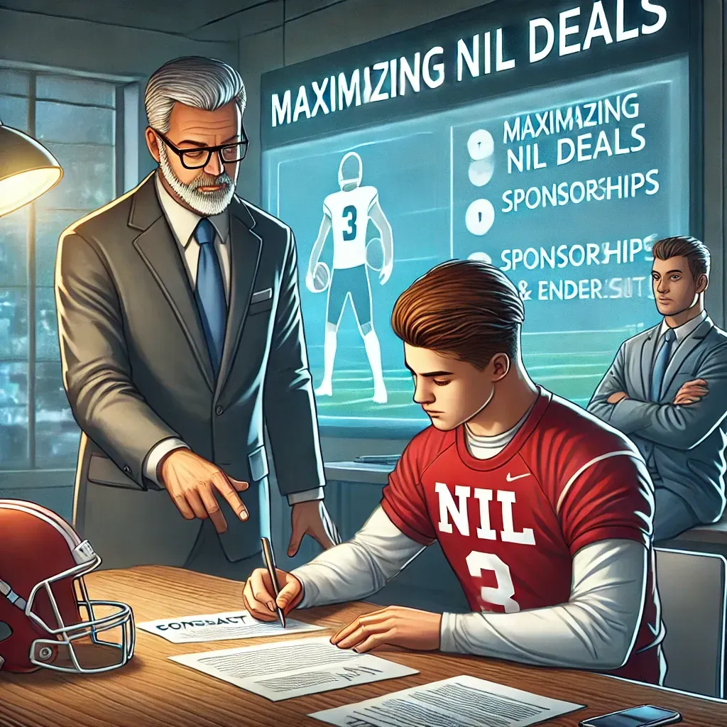 A high school athlete signing an NIL agreement with the guidance of a consultant in a professional office. The athlete sits at a desk while the consultant points to key details on the contract, and a coach observes the discussion. A digital screen in the background displays