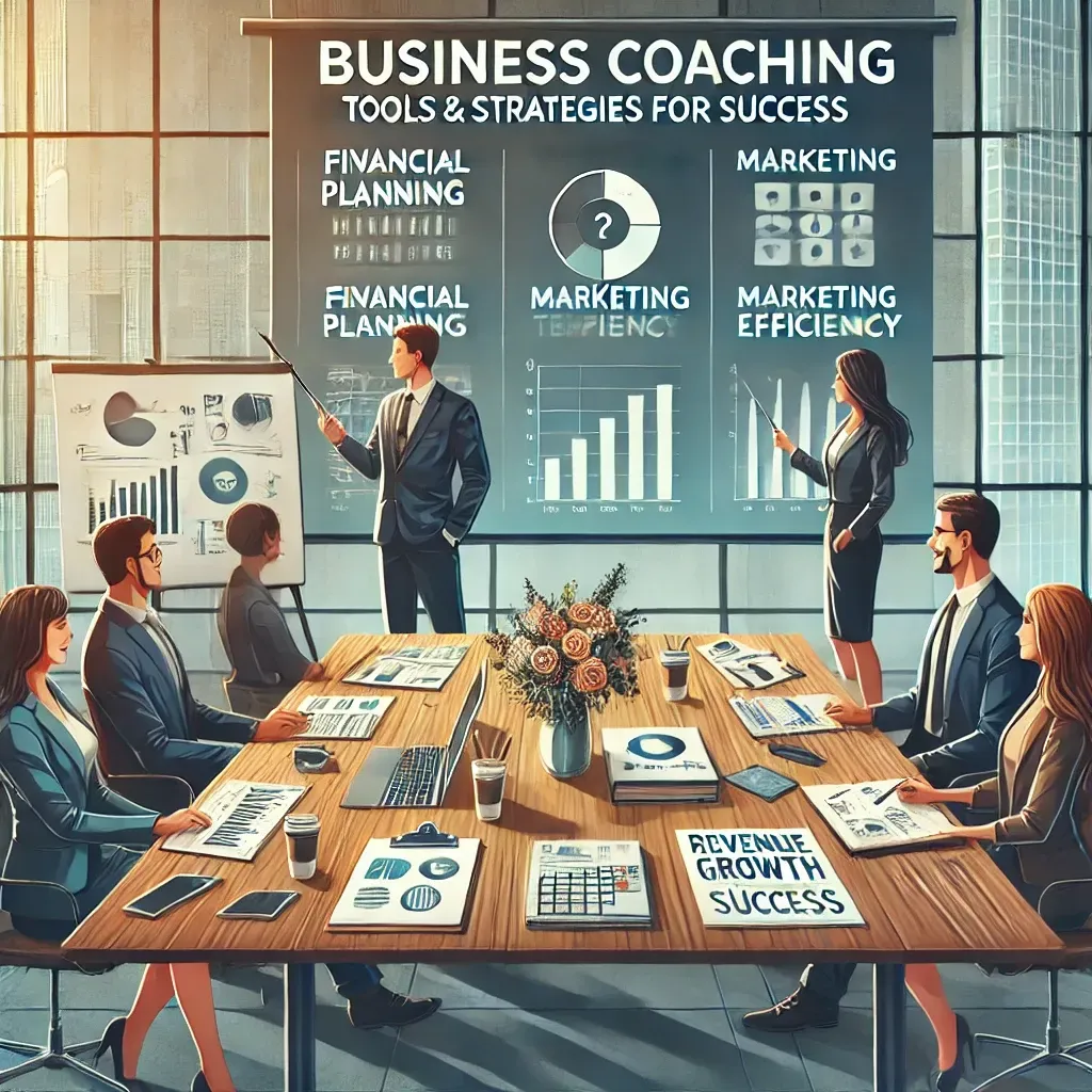 A business coaching session featuring a diverse group of business owners seated at a conference table with a professional coach. The table is filled with financial planning resources, marketing templates, and productivity tools. A large screen in the background displays a presentation on revenue growth and operational efficiency. The atmosphere emphasizes collaboration, strategic planning, and confidence-building for small business success.