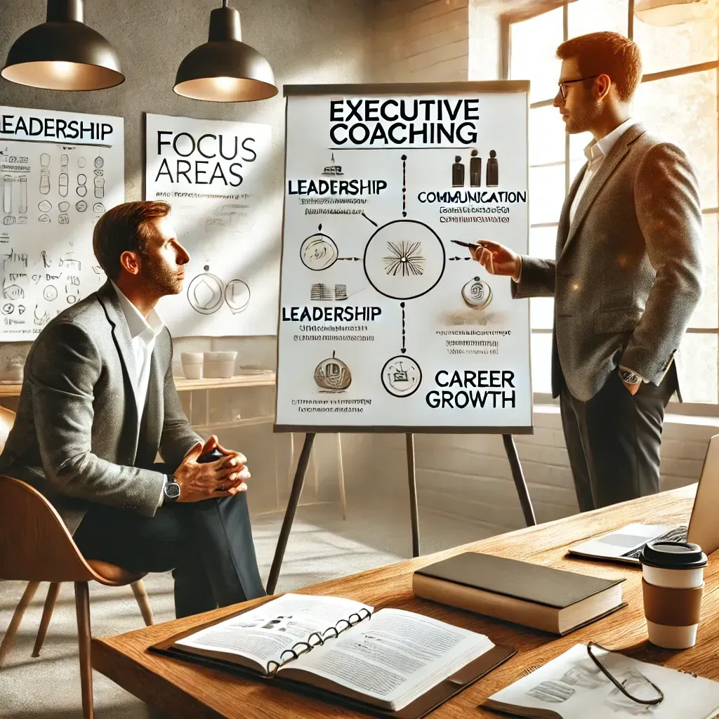 A one-on-one executive coaching session in a modern office setting. An executive discusses leadership strategies with a coach, with a whiteboard in the background highlighting focus areas like leadership, communication, and career growth. The desk features a laptop, notebooks, and a cup of coffee, symbolizing productivity and strategic planning. The image conveys professionalism, empowerment, and career development.