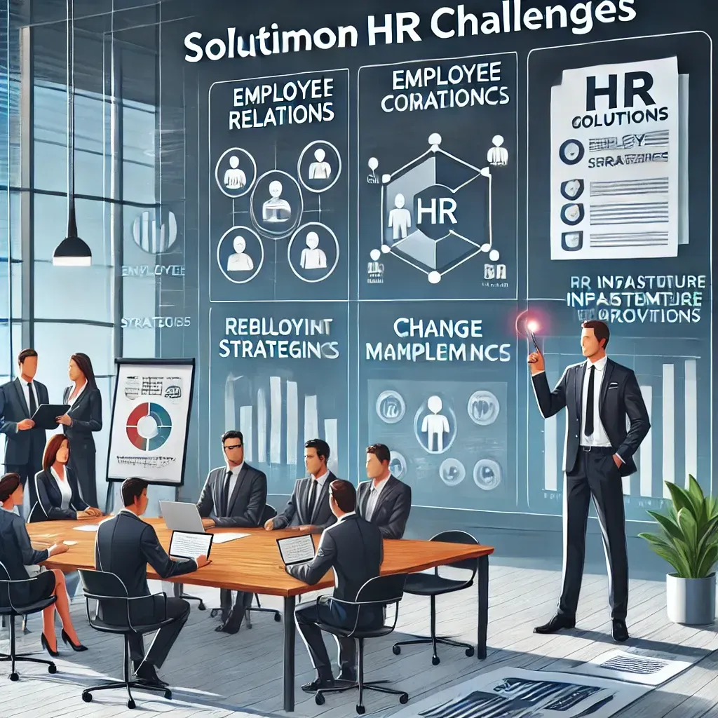 An illustration of solutions to common HR challenges, featuring an HR consultant presenting to a team in a modern office setting. The presentation focuses on employee relations, compliance, and change management, with a digital dashboard in the background displaying metrics for retention strategies and regulatory compliance. Documents such as employee handbooks and benefits plans are included, symbolizing customized HR solutions. The scene conveys a professional, collaborative, and innovative approach to effective workforce management.