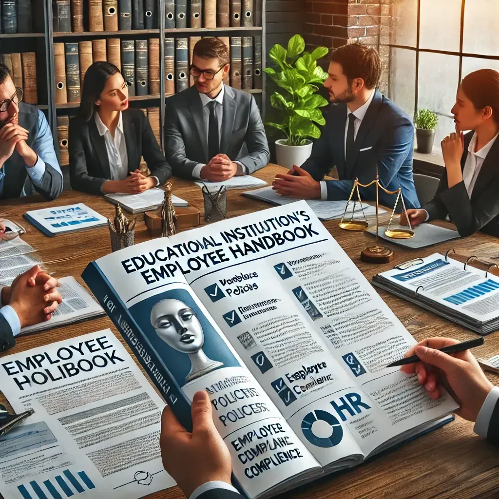 A professional office setting where school administrators and HR professionals are using an employee handbook builder on a laptop. The screen displays a customizable handbook template with editable fields for workplace policies, compliance sections, and renewal notifications. A printed version of the handbook is also visible on the desk, emphasizing the ease of both digital and physical distribution. The scene highlights professionalism and efficiency in policy management.