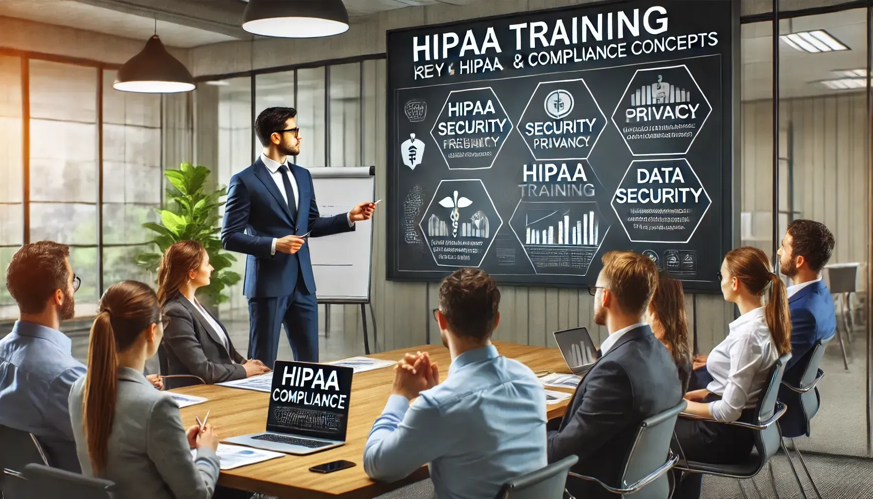 A professional HIPAA training session where an instructor presents key compliance concepts on a large screen. Employees take notes and engage in discussion in a modern, well-lit training environment focused on HIPAA security, privacy, and compliance strategies.