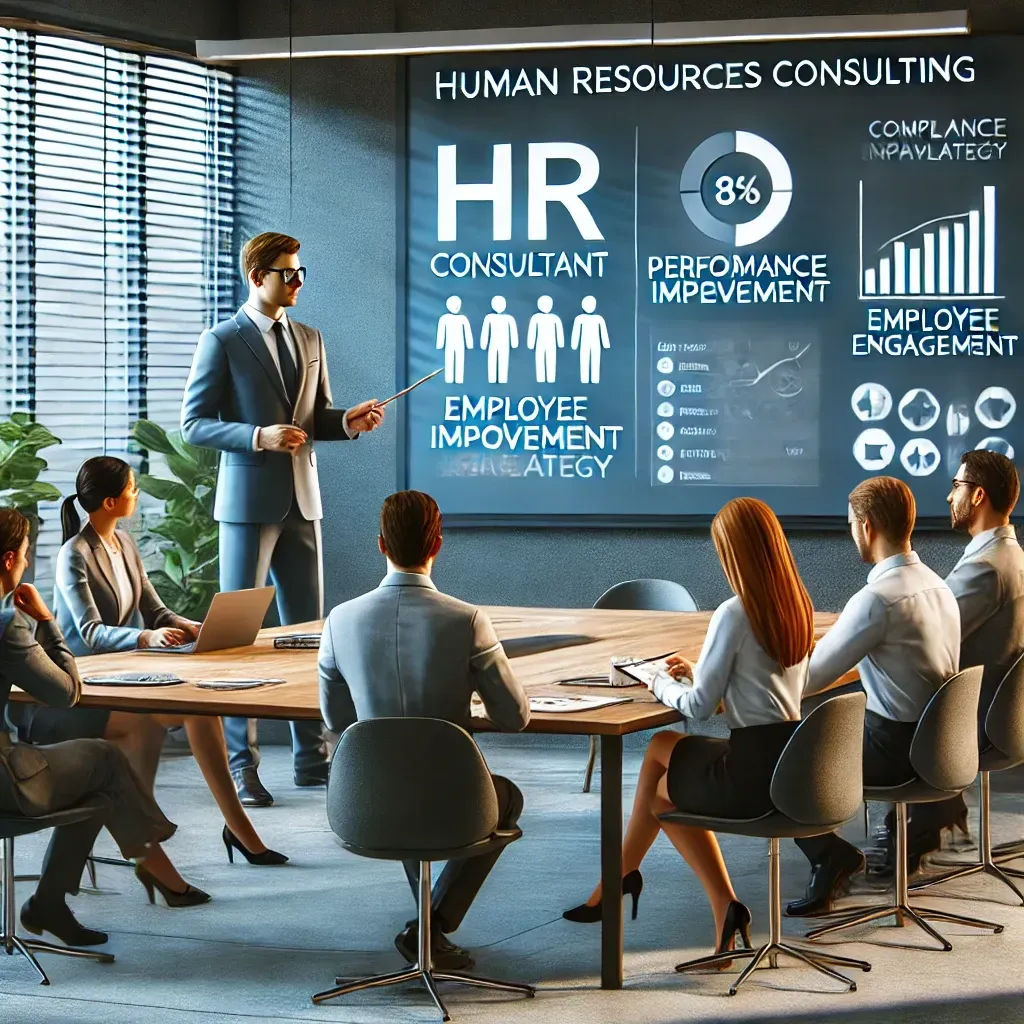 HR consultant leading a discussion with a small business team in a modern office, presenting performance improvement strategies with HR documents and compliance charts.