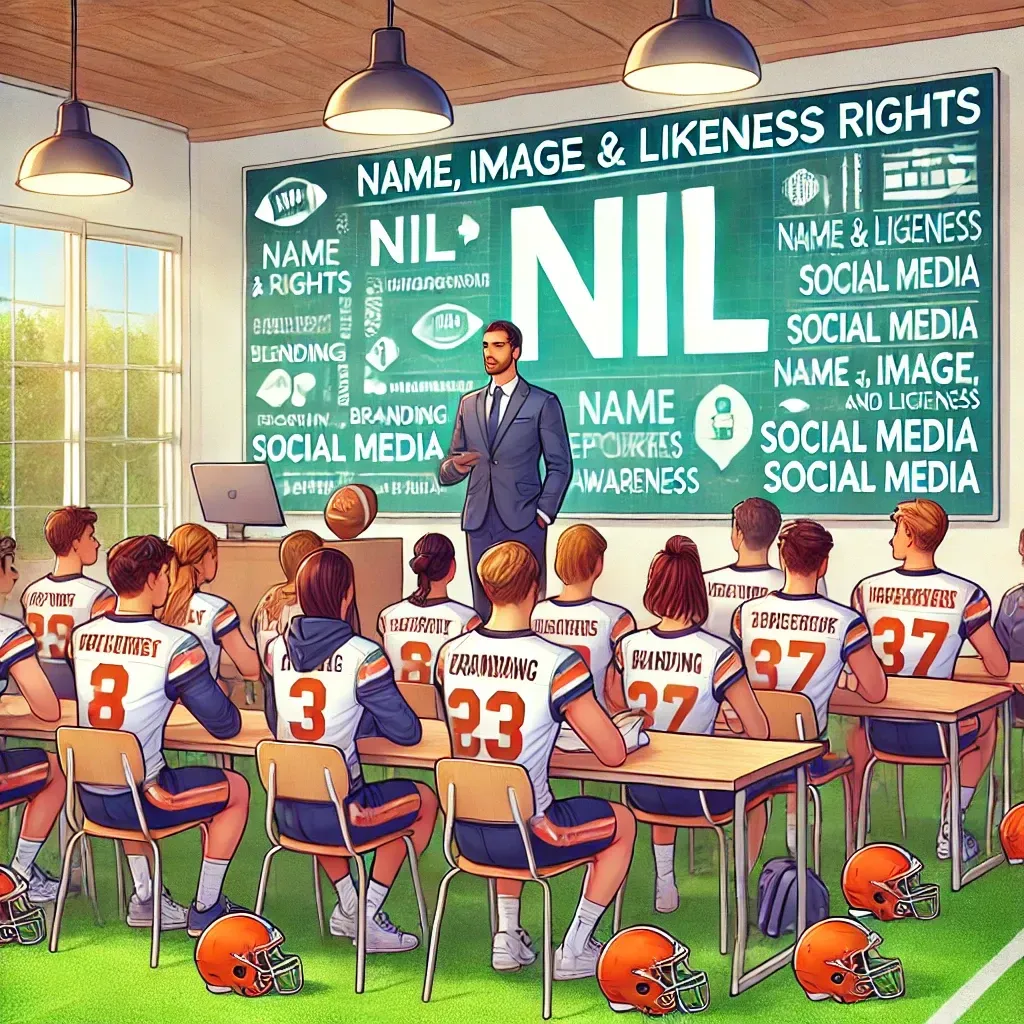 High school athletes in a classroom listening to a speaker presenting on NIL rights, with a digital whiteboard showing terms like 