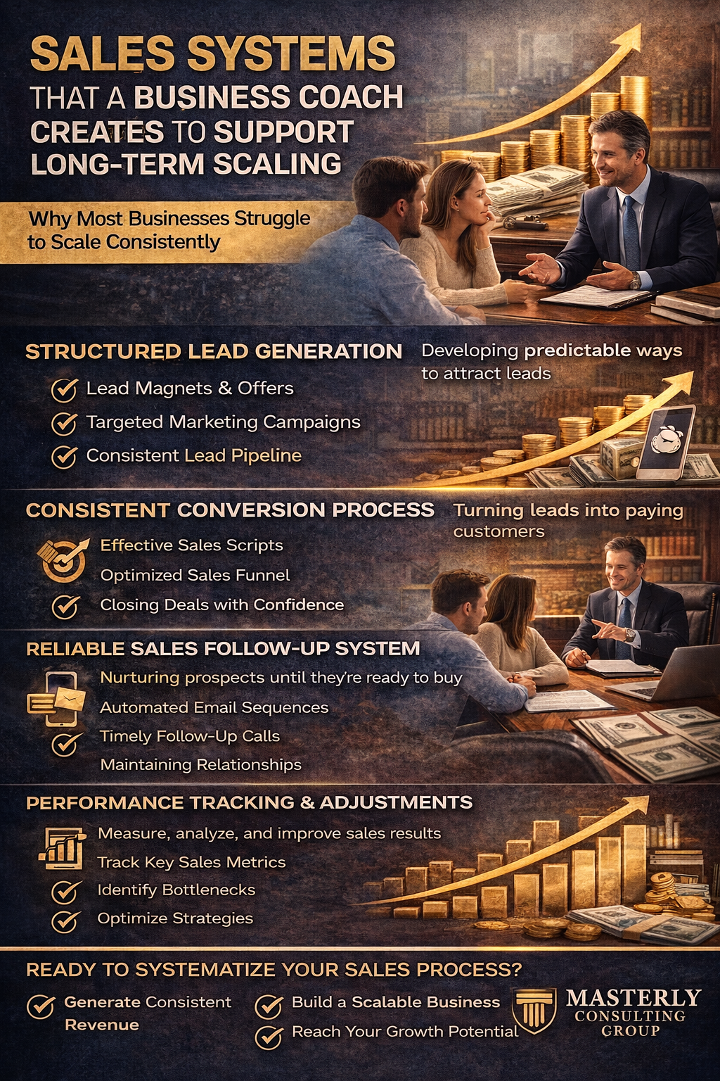 A professional infographic illustrating sales systems for business growth, featuring a business coach guiding clients, with sections on lead generation, conversion processes, follow-up systems, and performance tracking to support long-term scaling and consistent revenue.