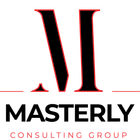 The logo for masterly consulting group is black and red.