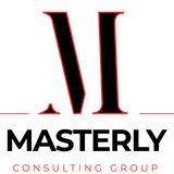 The logo for masterly consulting group is black and red.