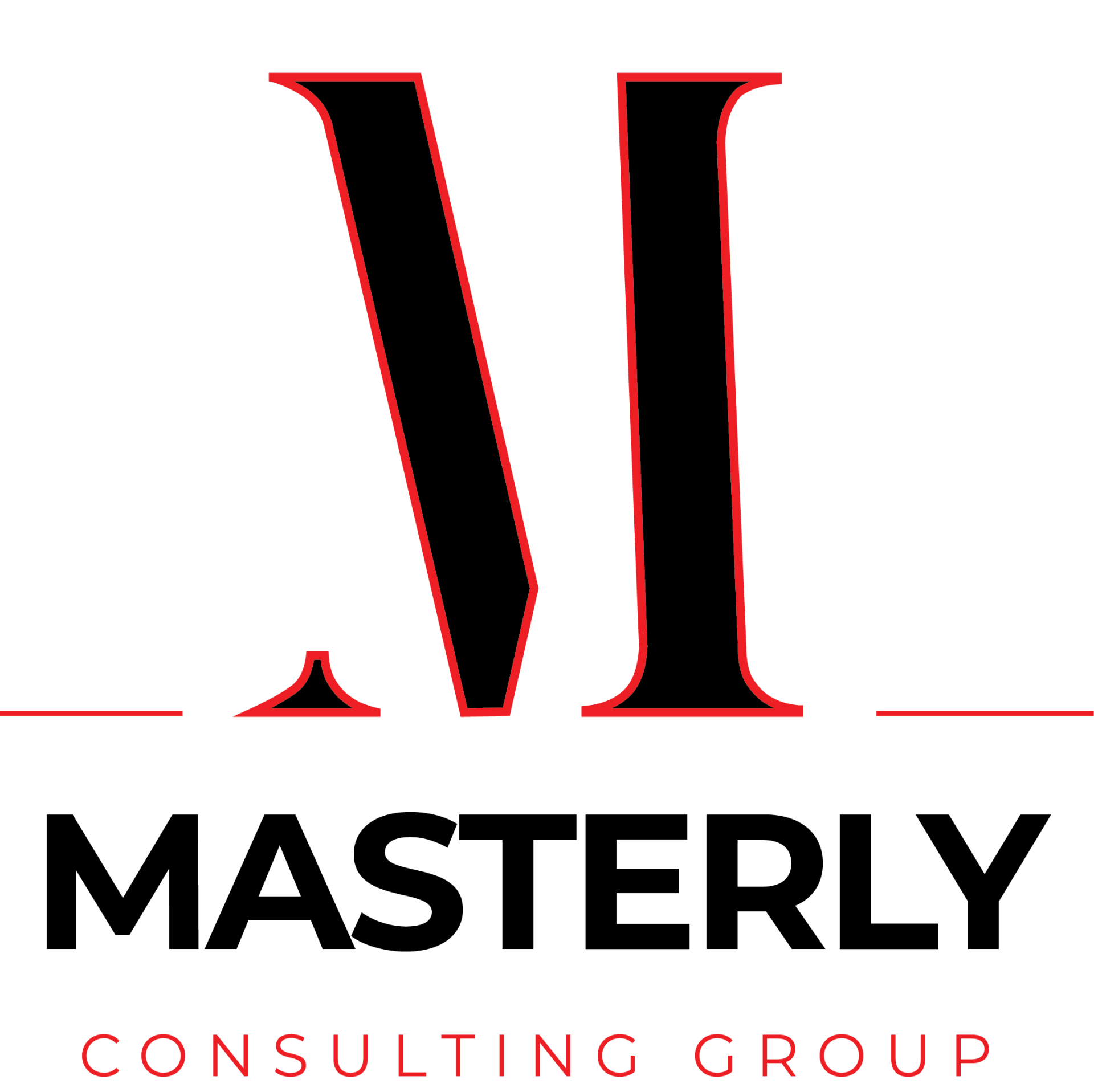 The logo for masterly consulting group is black and red.