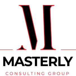 The logo for masterly consulting group is black and red.