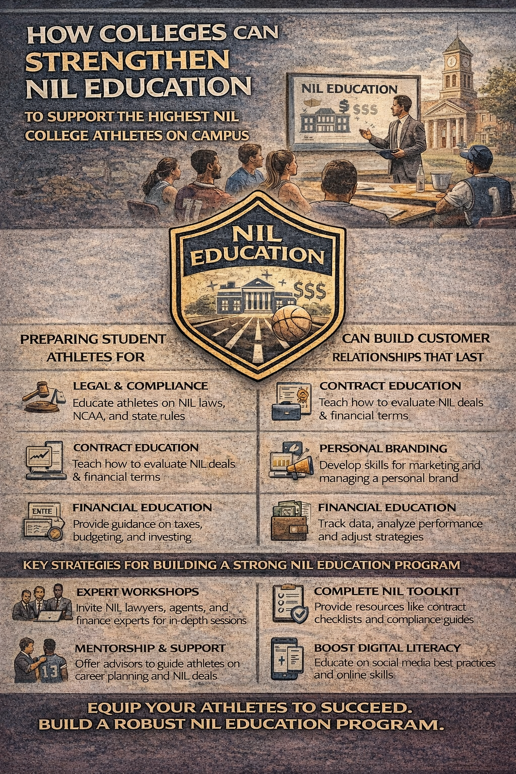 How Colleges Can Strengthen NIL Education to Support the Highest NIL College Athletes on Campus.” It shows a classroom-style setting where a presenter is teaching student athletes about NIL (name, image, and likeness) opportunities. A central badge labeled “NIL Education” features a university building, dollar signs, and a basketball. The infographic is divided into sections covering key topics such as legal and compliance education, contract evaluation, personal branding, and financial literacy. Additional sections highlight strategies like expert workshops, mentorship and support, complete NIL toolkits, and digital literacy training. The graphic emphasizes preparing student athletes to navigate NIL opportunities successfully while maintaining compliance and building long-term success.
