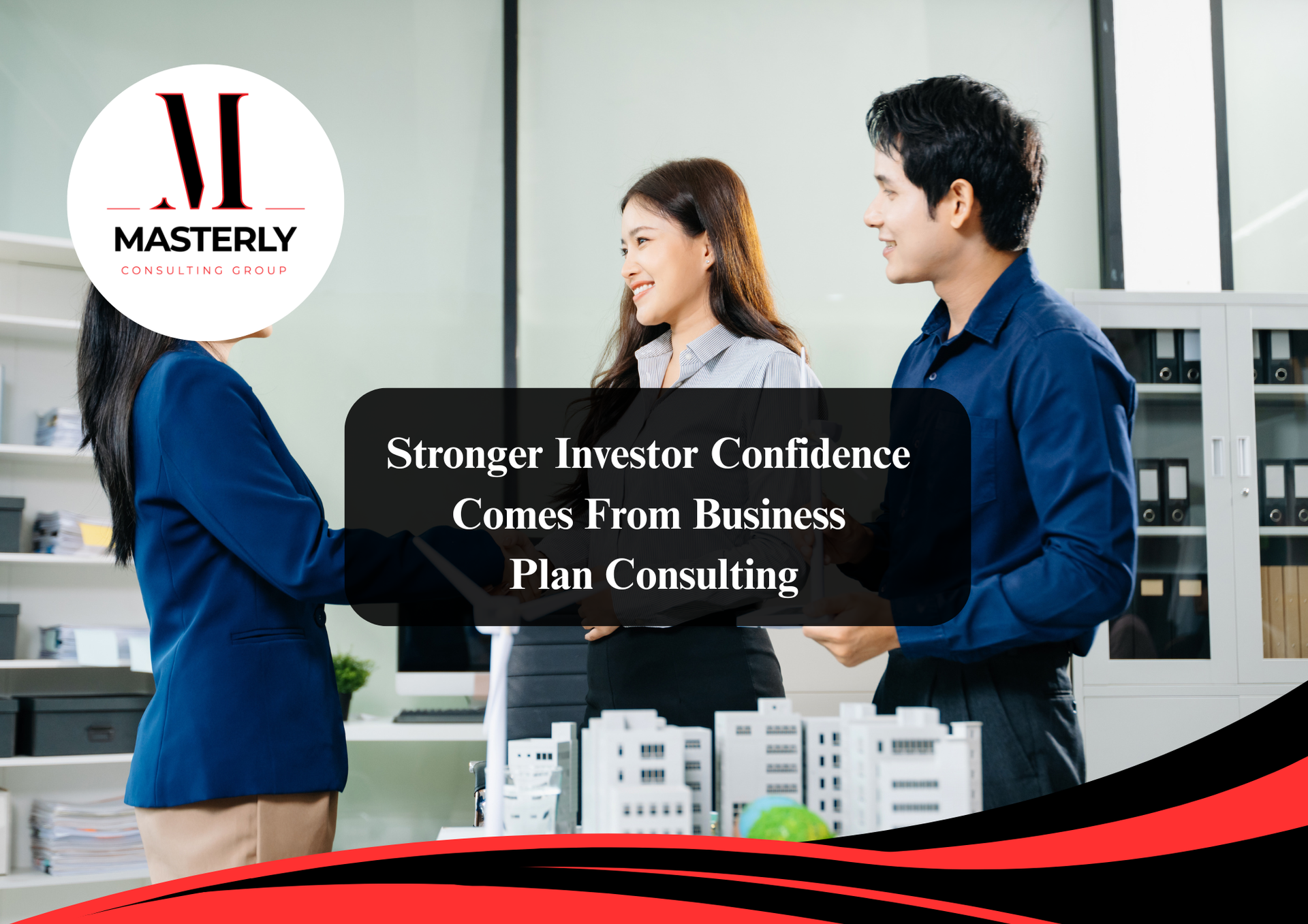 Business consulting services team advising company leadership on strategy and management growth.