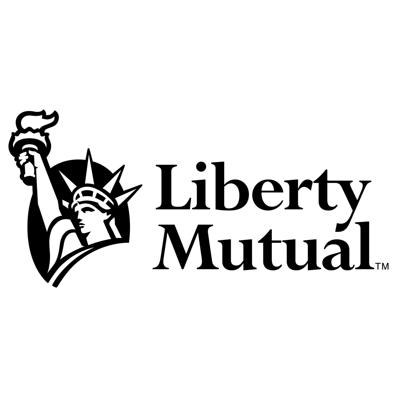 The liberty mutual logo is black and white and shows the statue of liberty holding a torch.