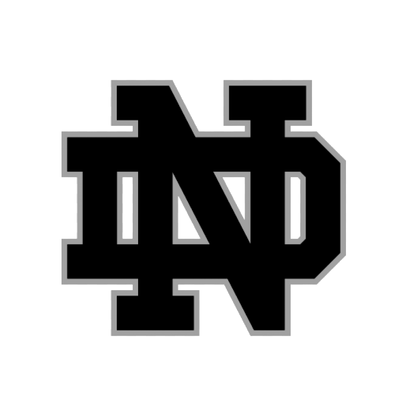 The notre dame fighting irish logo is black and silver on a white background.