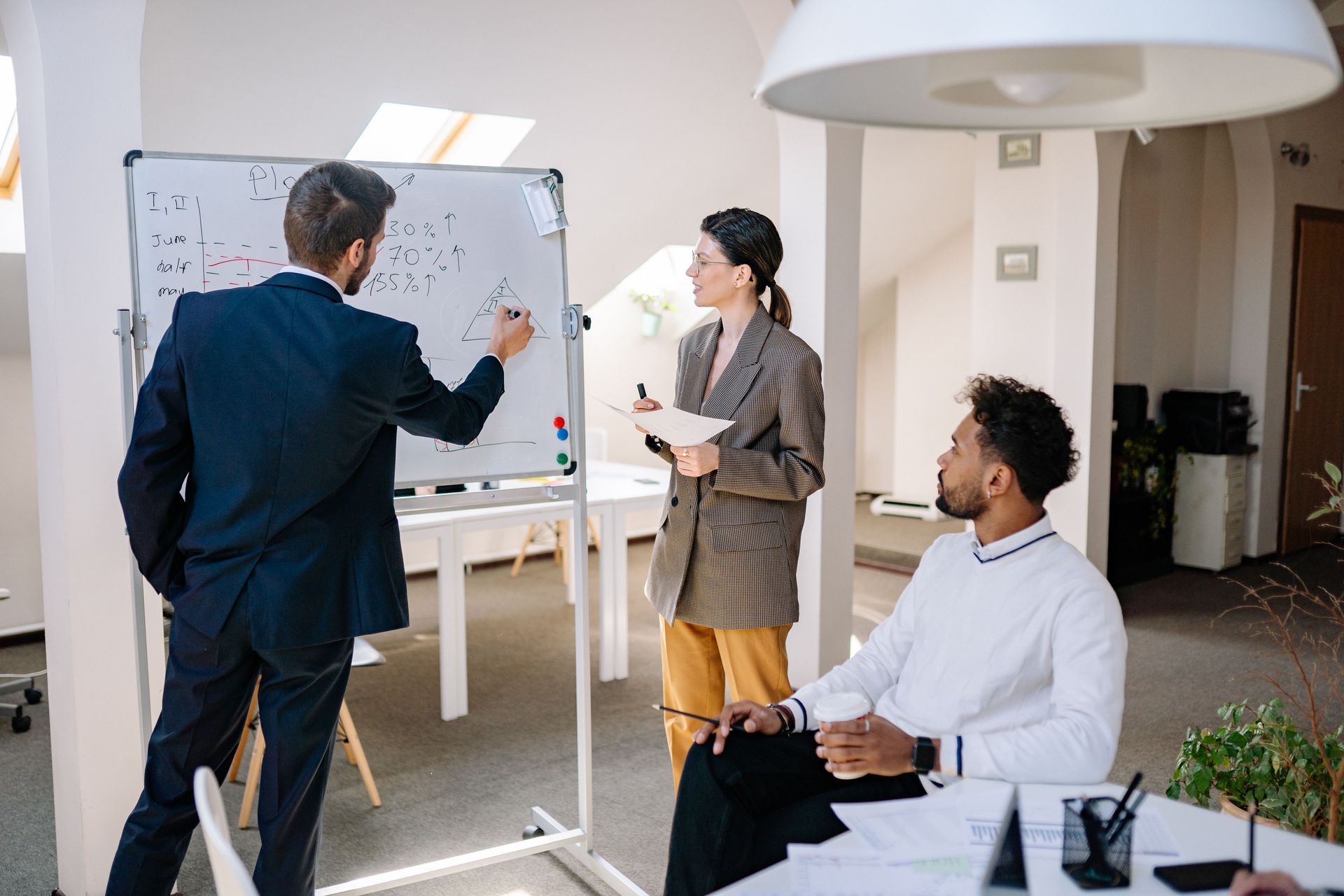 Business meeting with three people around a whiteboard in a bright office, discussing notes and charts