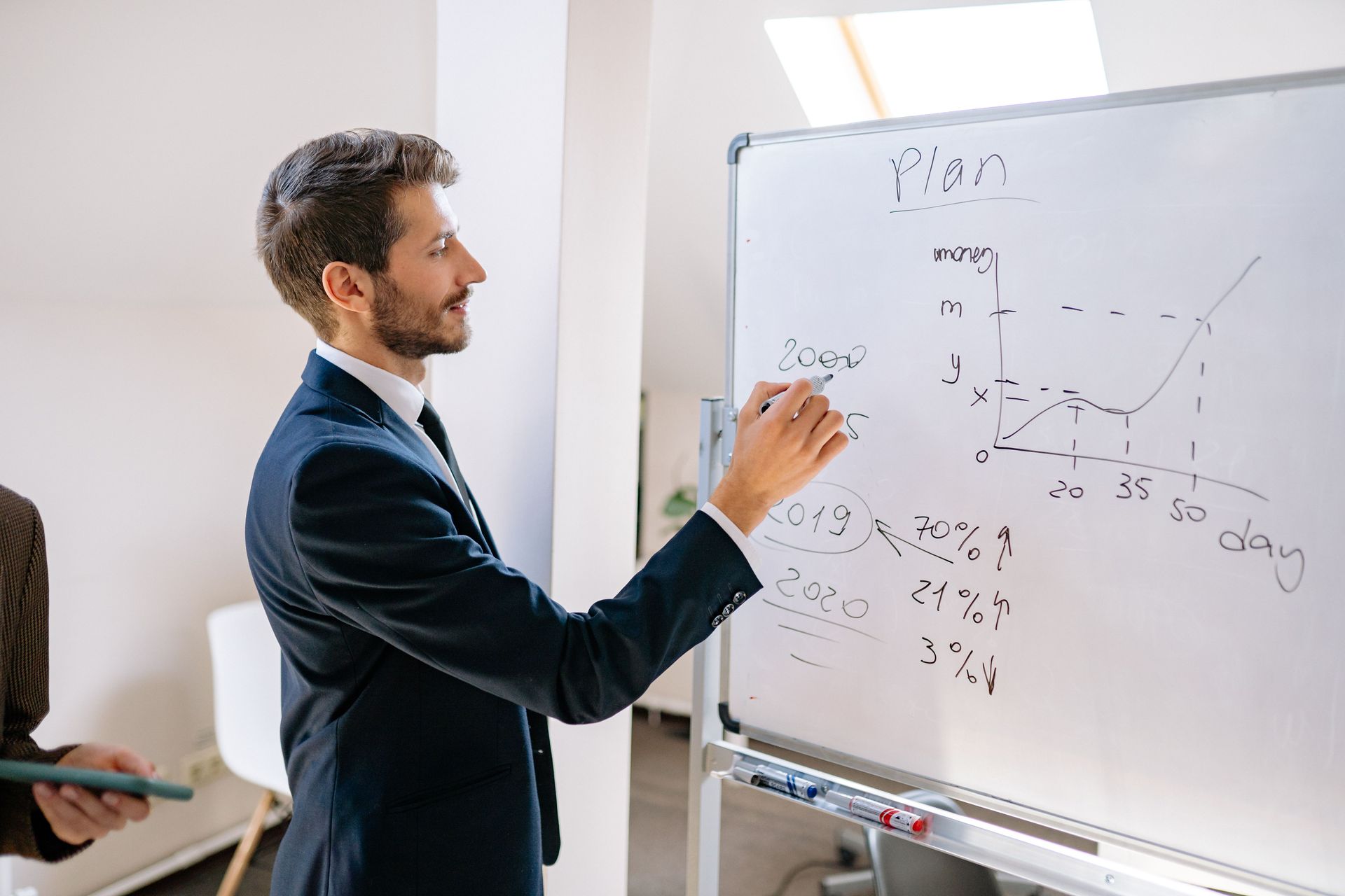 Man in a dark suit writing on a whiteboard with a graph in a bright office