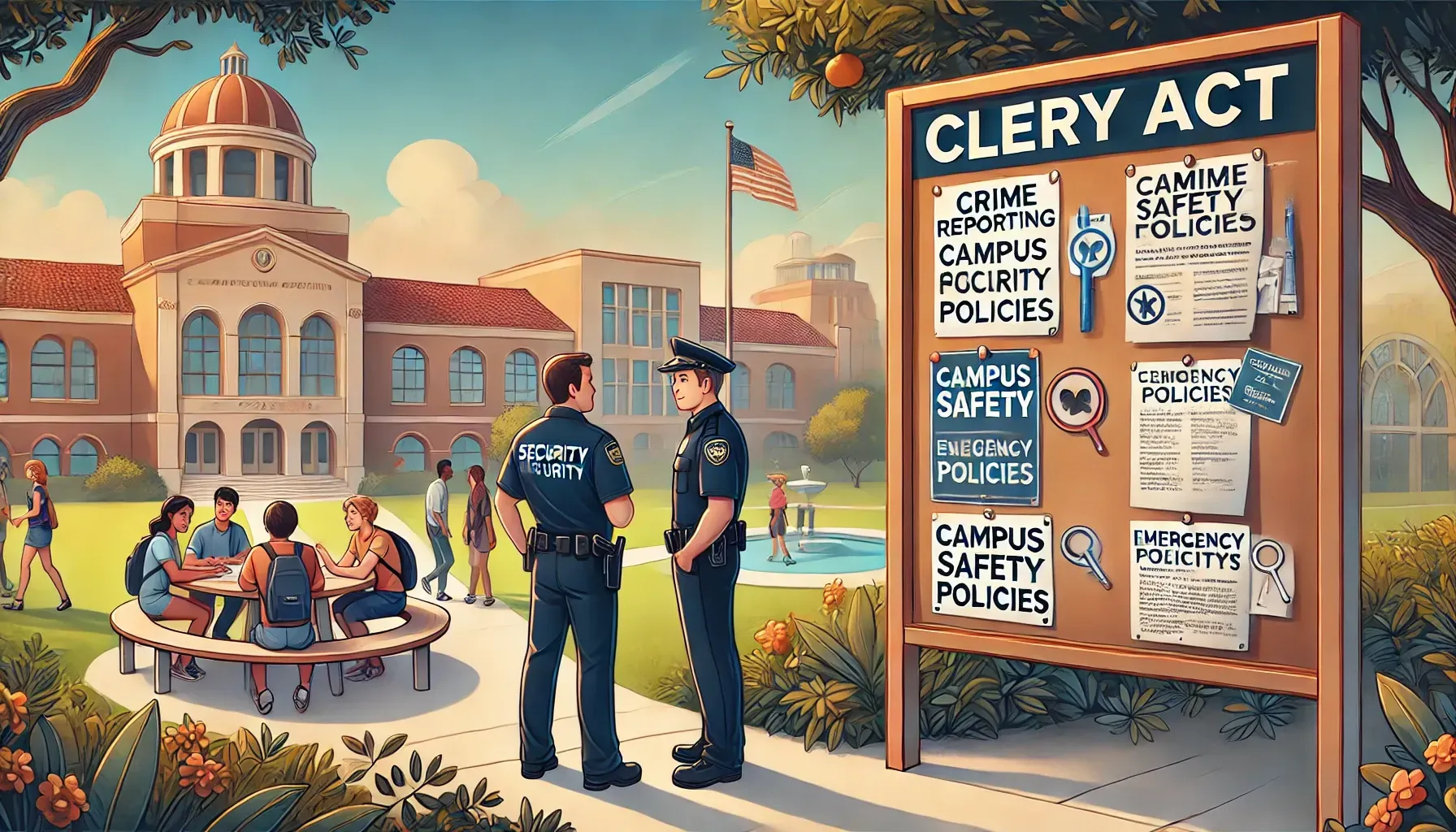 A university campus scene with a focus on security and safety measures. A bulletin board in the foreground highlights the 