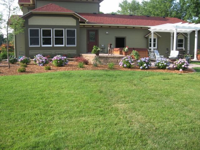A green house with a red roof, a stone patio, and a lawn featuring a garden with blooming flowers and a dog on the patio.
