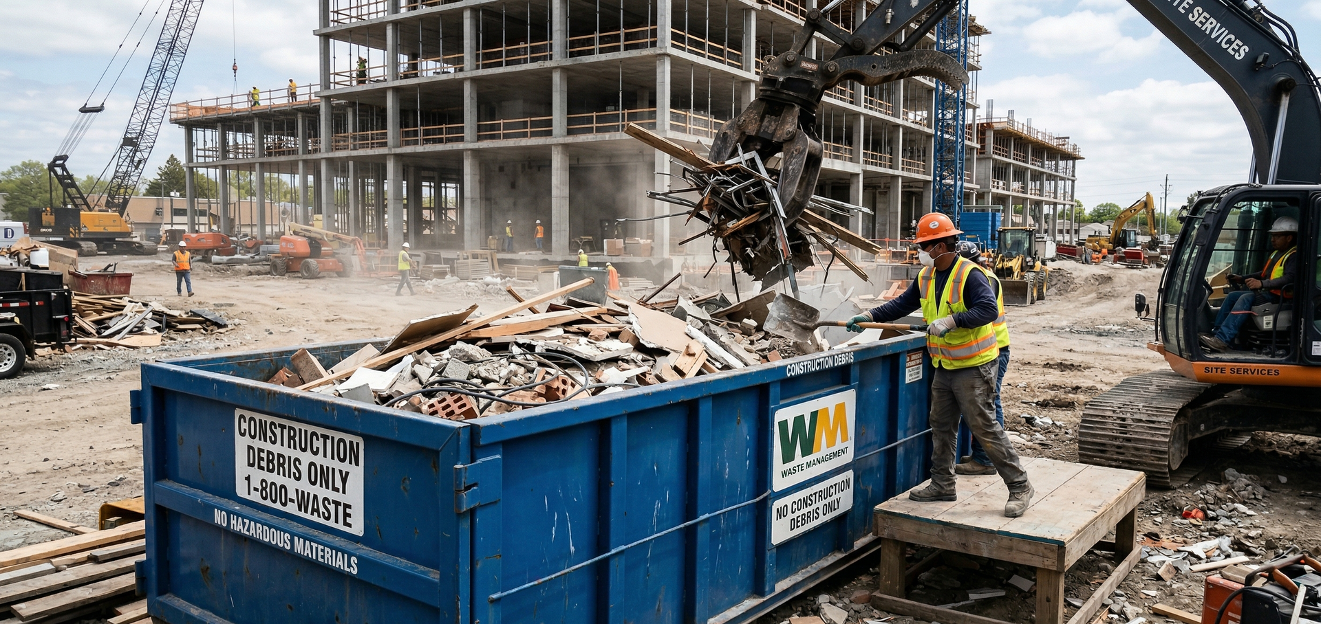 A worker in safety gear stands by a blue Waste Management dumpster as an excavator loads debris at a construction site.