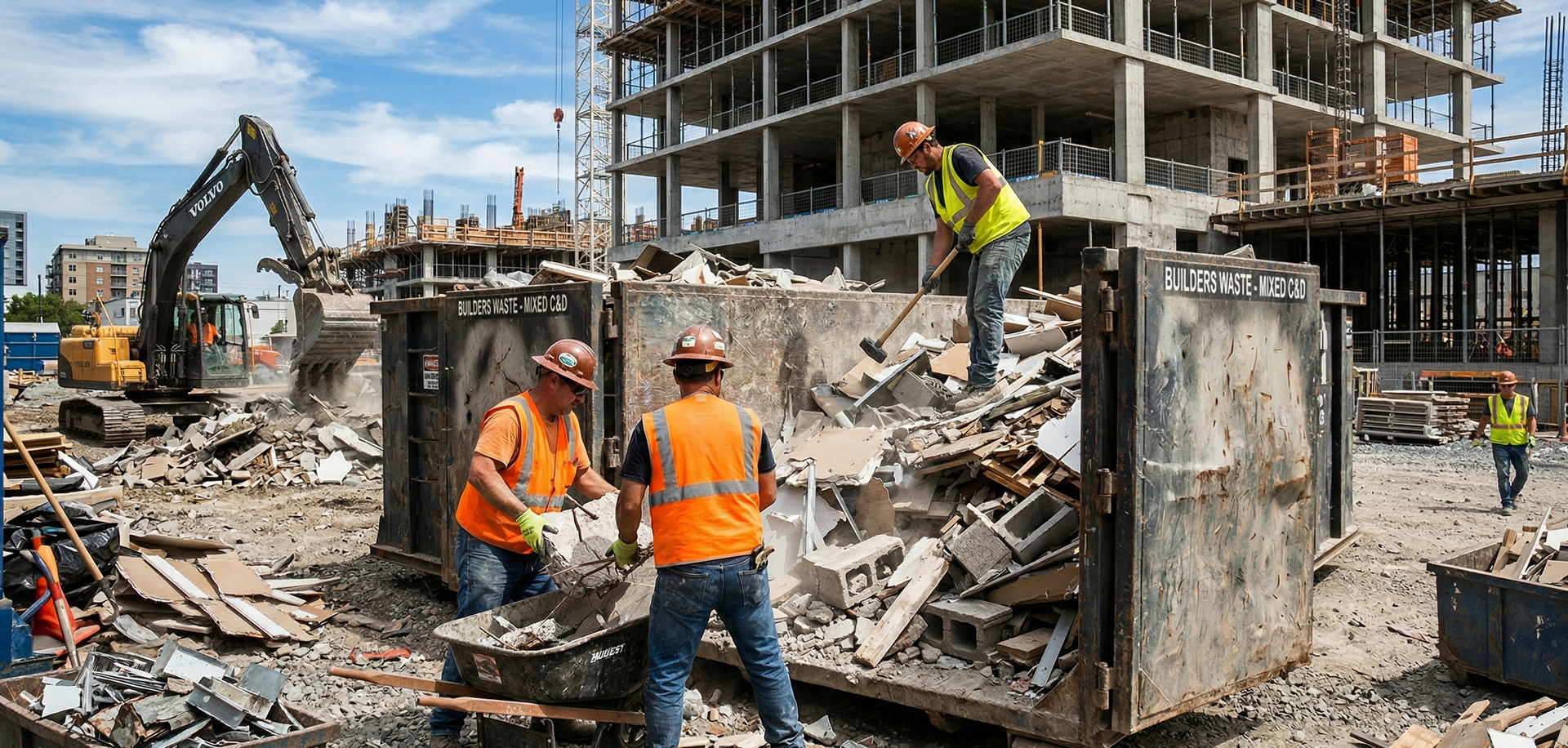 Construction workers in orange safety vests move debris into a large metal container at a construction site.