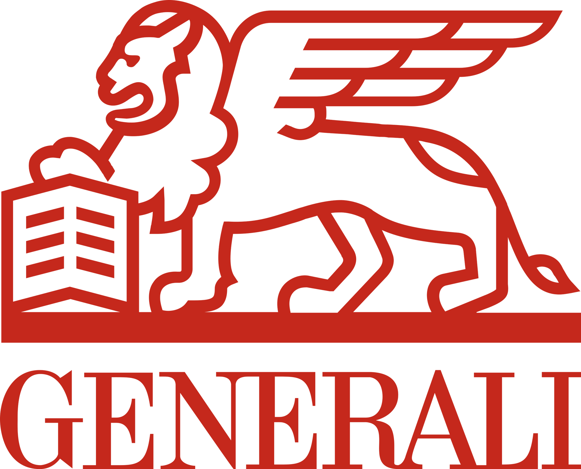 Un logo rosso generali con un leone che tiene un libro