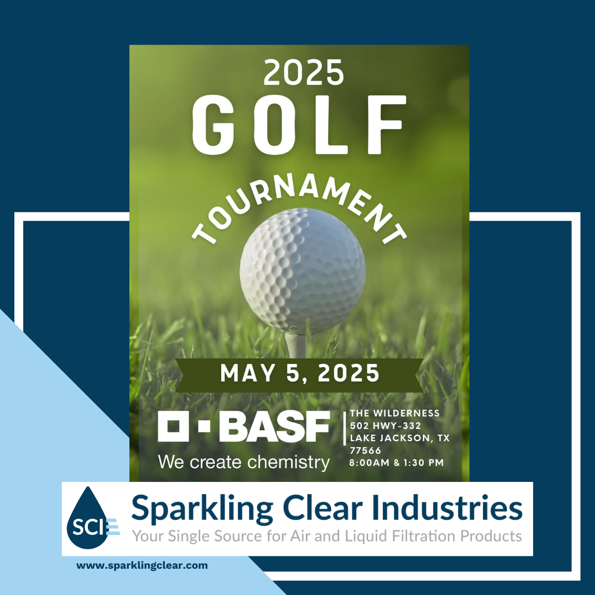 A poster for the 2025 BASF golf tournament sponsored by Sparkling Clear Industries