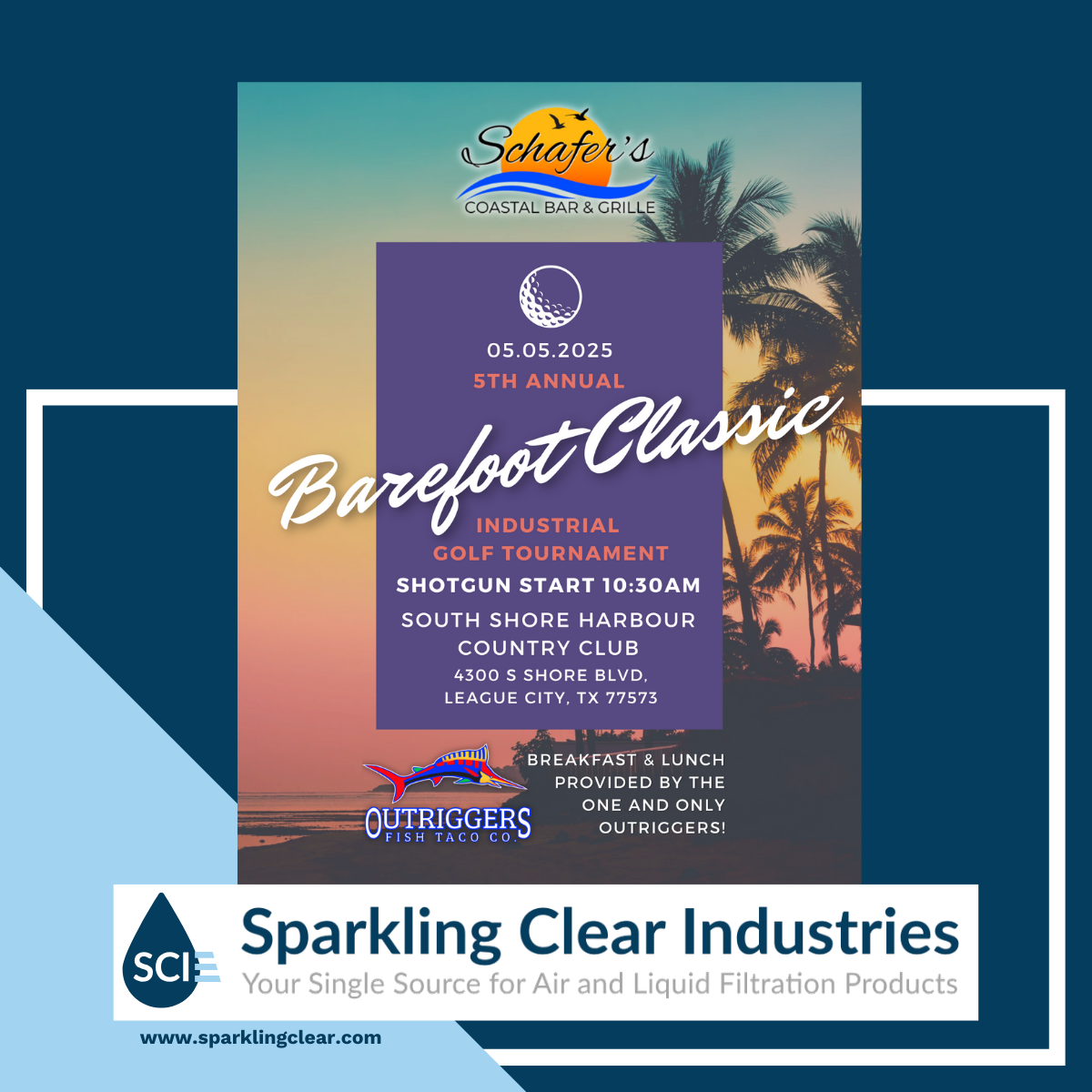A poster for a barefoot classic golf tournament sponsored by sparkling clear industries