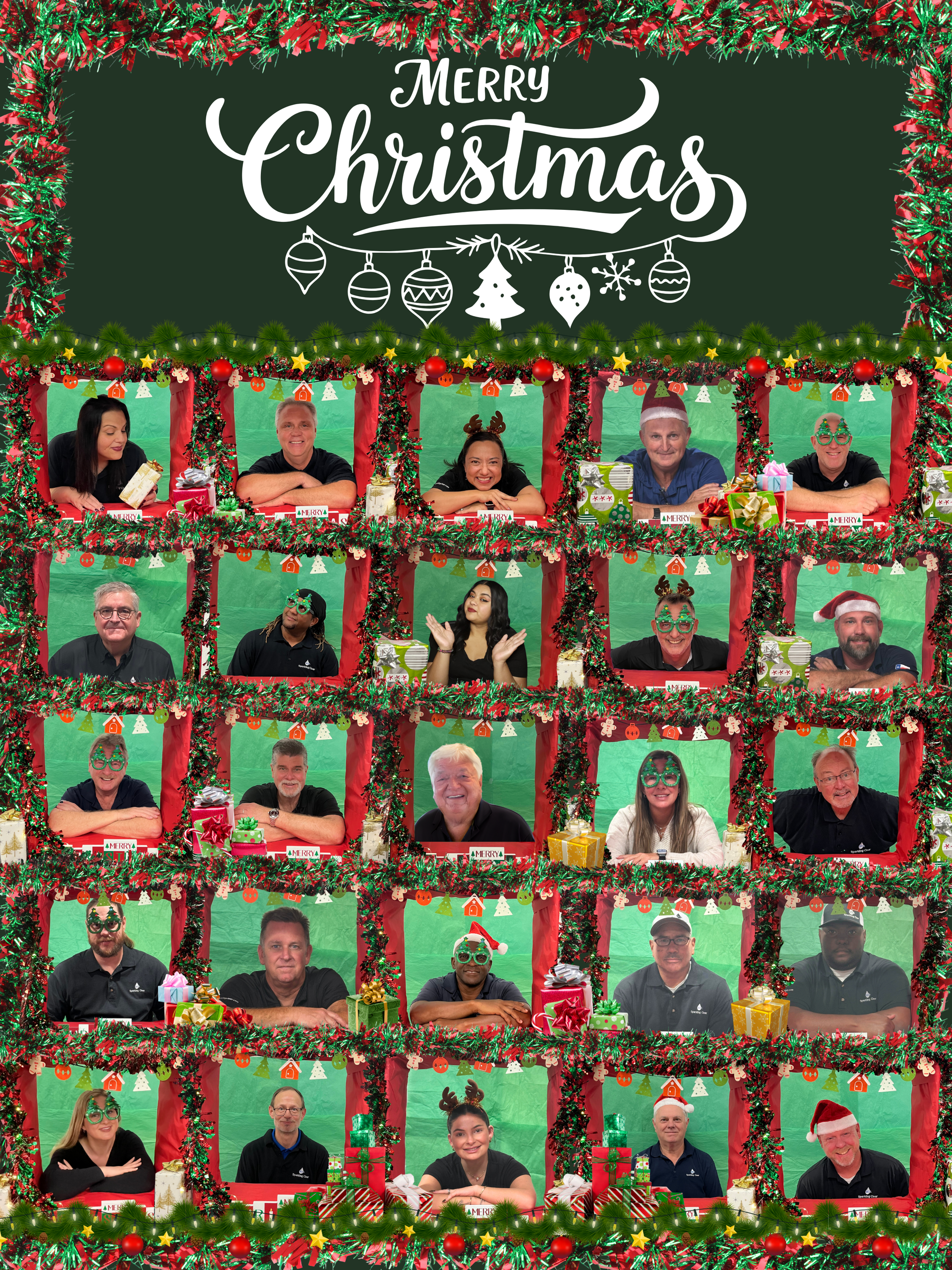 Holiday photo featuring 20 people in individual frames, with Christmas decorations.