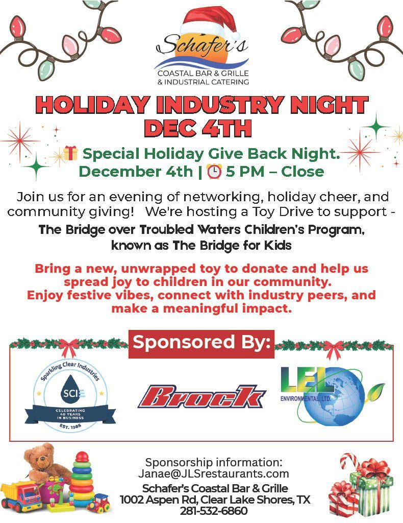 Holiday Industry Night flyer: December 4th toy drive for The Bridge, sponsored by Sparkling Clear Industries