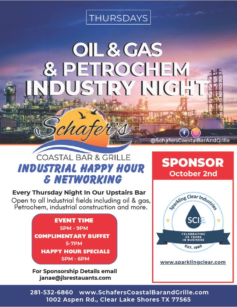 Poster for Oil & Gas Industry Night at Schafer's Coastal Bar & Grille Sponsored by Sparkling Clear Industries, featuring Happy Hour and networking.